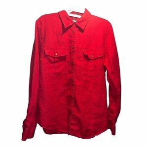Ralph Lauren Bright Red Button-Down Shirt with Chest Pockets 100% Linen Size L/G